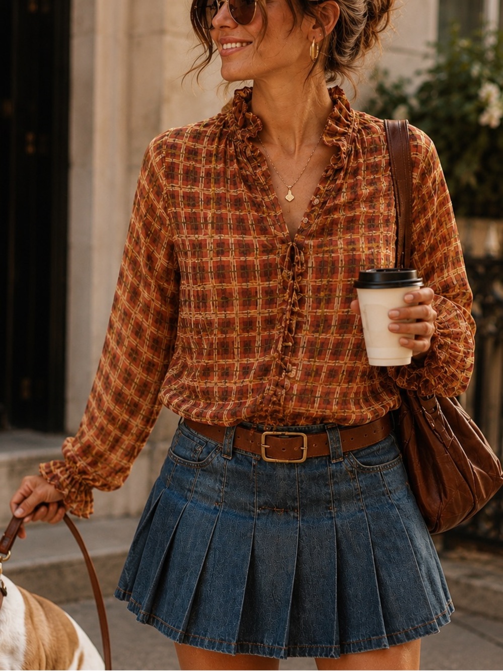 Ruffled Plaid V-Neck Blouse in Rust